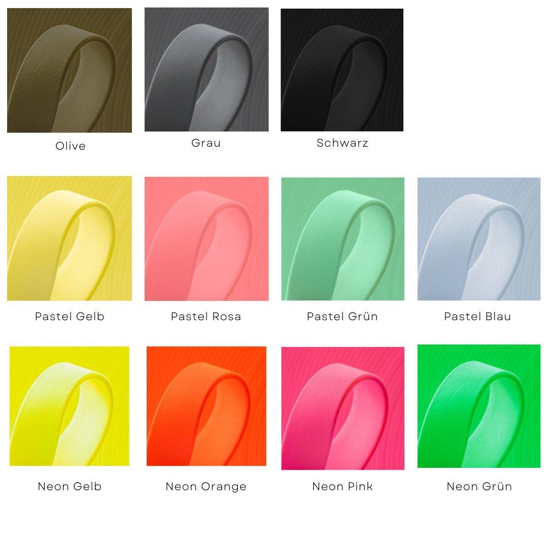 Biothane Farbauswahl für Hands-free Hundeleine, olive, grau, schwarz, pastel gelb, pastel rosa, pastel grün, pastel blau, neon gelb, neon orange, neon pink, neon grün