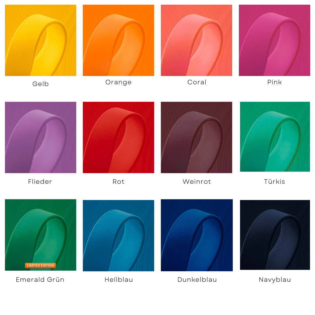 Biothane Farbauswahl für Hands-free Hundeleine, gelb, orange, coral, pink, flieder, rot, weinrot, türkis, emerald grün, hellblau, dunkelblau, navyblau